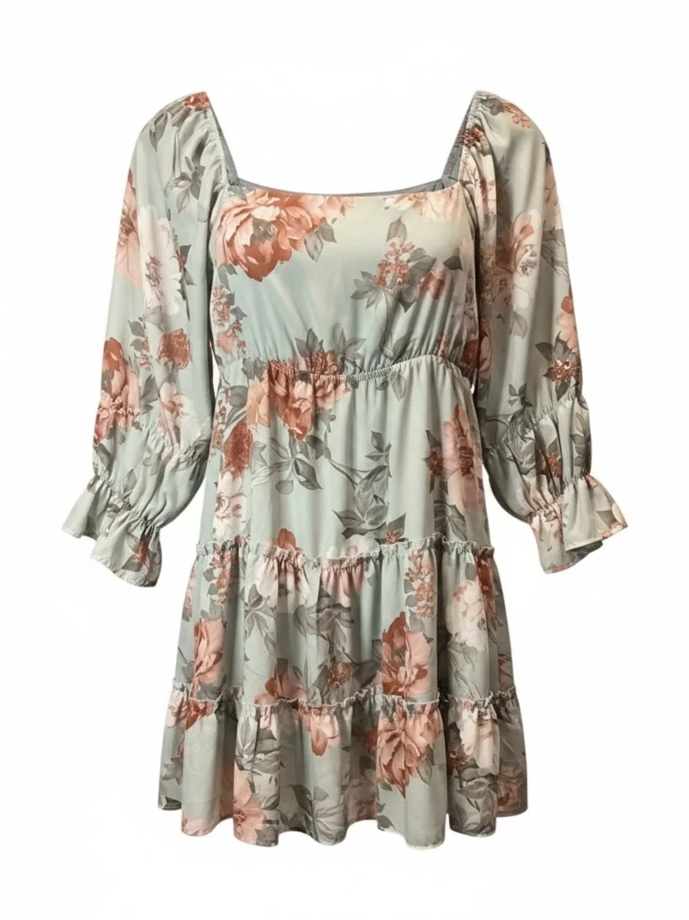 Altar’d State Floral Square-Neck Tiered Mini Dress - Sage Pink - Picture 1 of 8